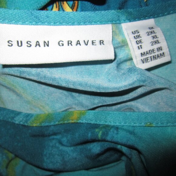 Susan Graver Plus 1X Stretch Tunic Top Blouse Shirt Lagenlook Artsy Teal Print - Picture 2 of 2